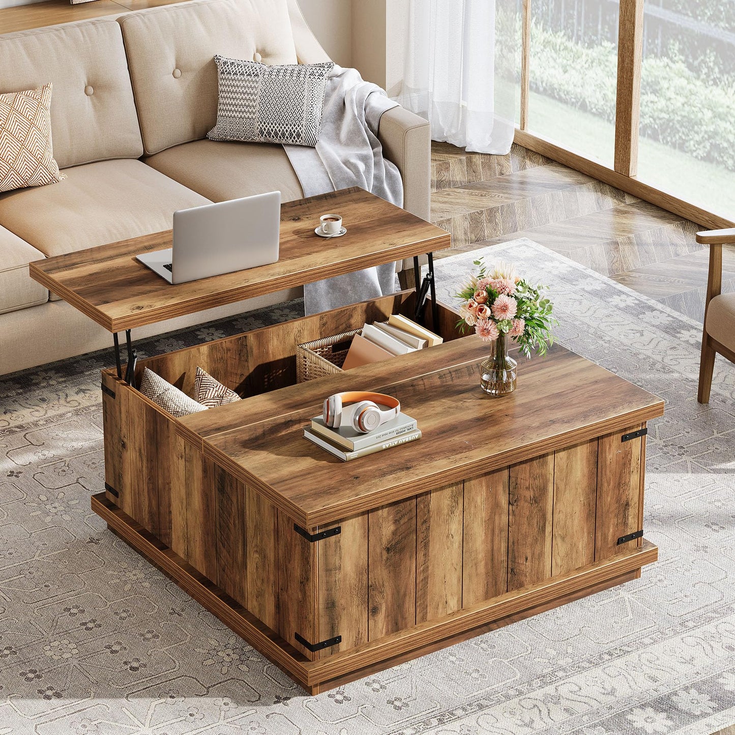 Tribesigns Farmhouse Lift Top Coffee Table, 33.46'' Square Wooden Center Cocktail Table with Large Hidden Storage Compartment for Living Room, Rustic Brown