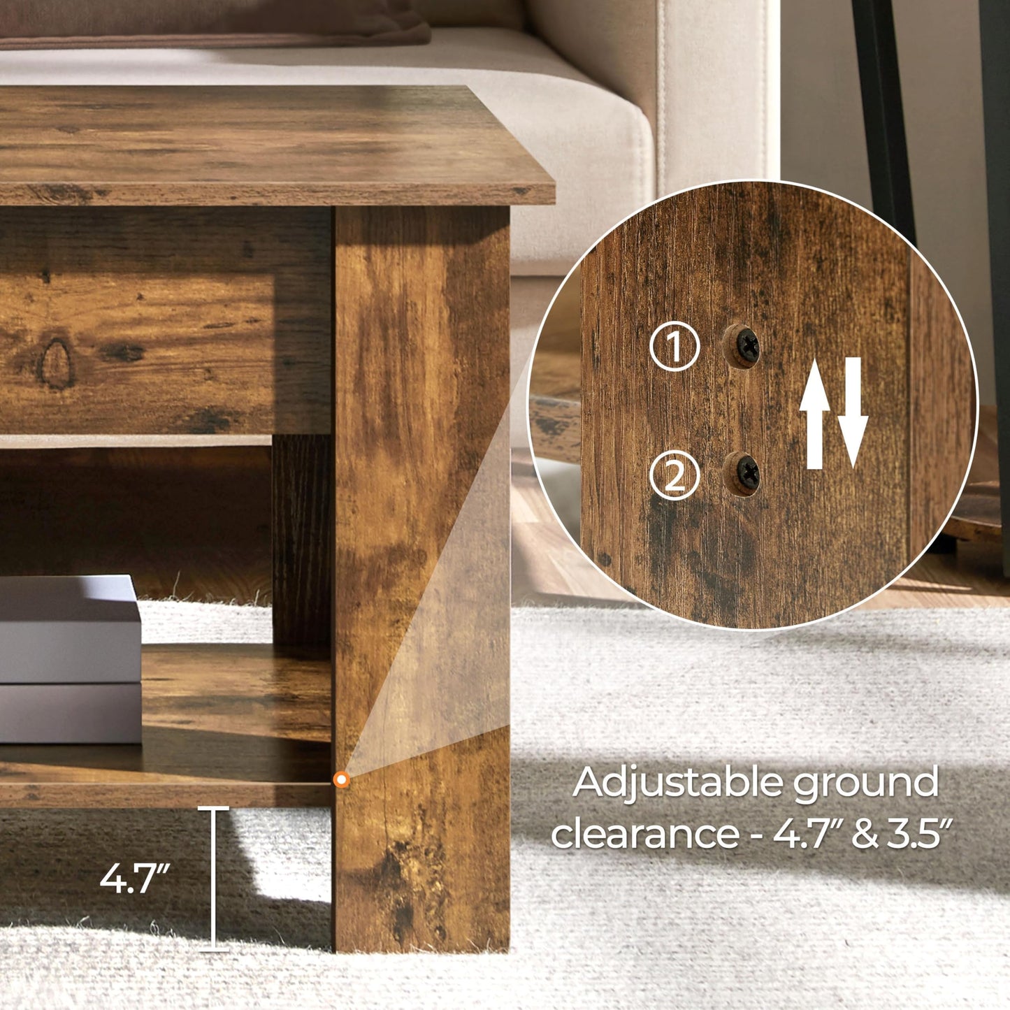 Yaheetech Coffee Table, 47.5in Lift top Coffee Table with Hidden Compartment and Storage Shelf, Lift Tabletop Dining Table for Living Room Reception Room, Rustic Brown