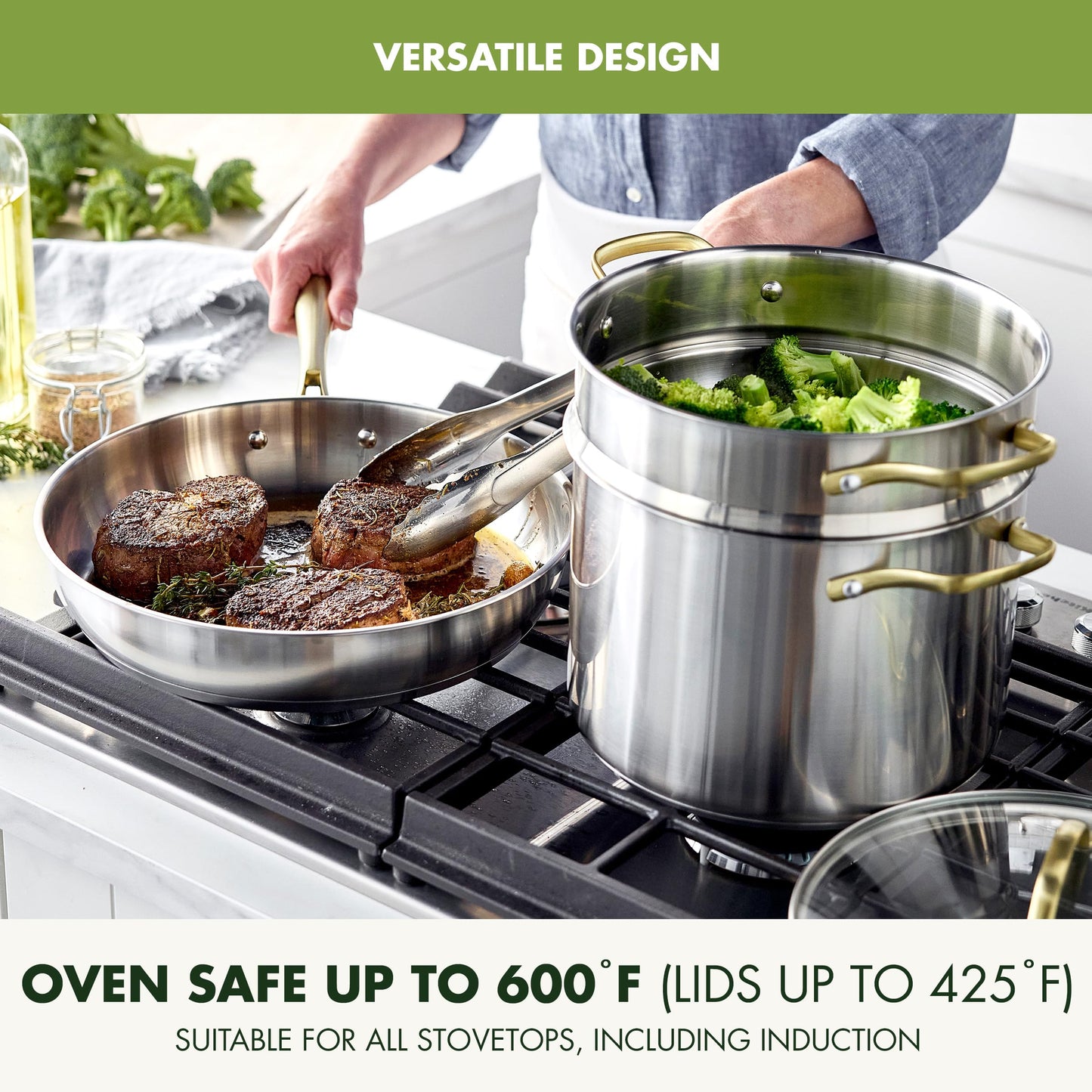 GreenPan 11 Piece Stainless Steel Cookware Set, Induction Ready, Tri-Ply Multiclad Pots & Pans with Lids, Compatible on All Cooktops, Measurement Markings, Dishwasher & Oven Safe, Swift, Gold Handles