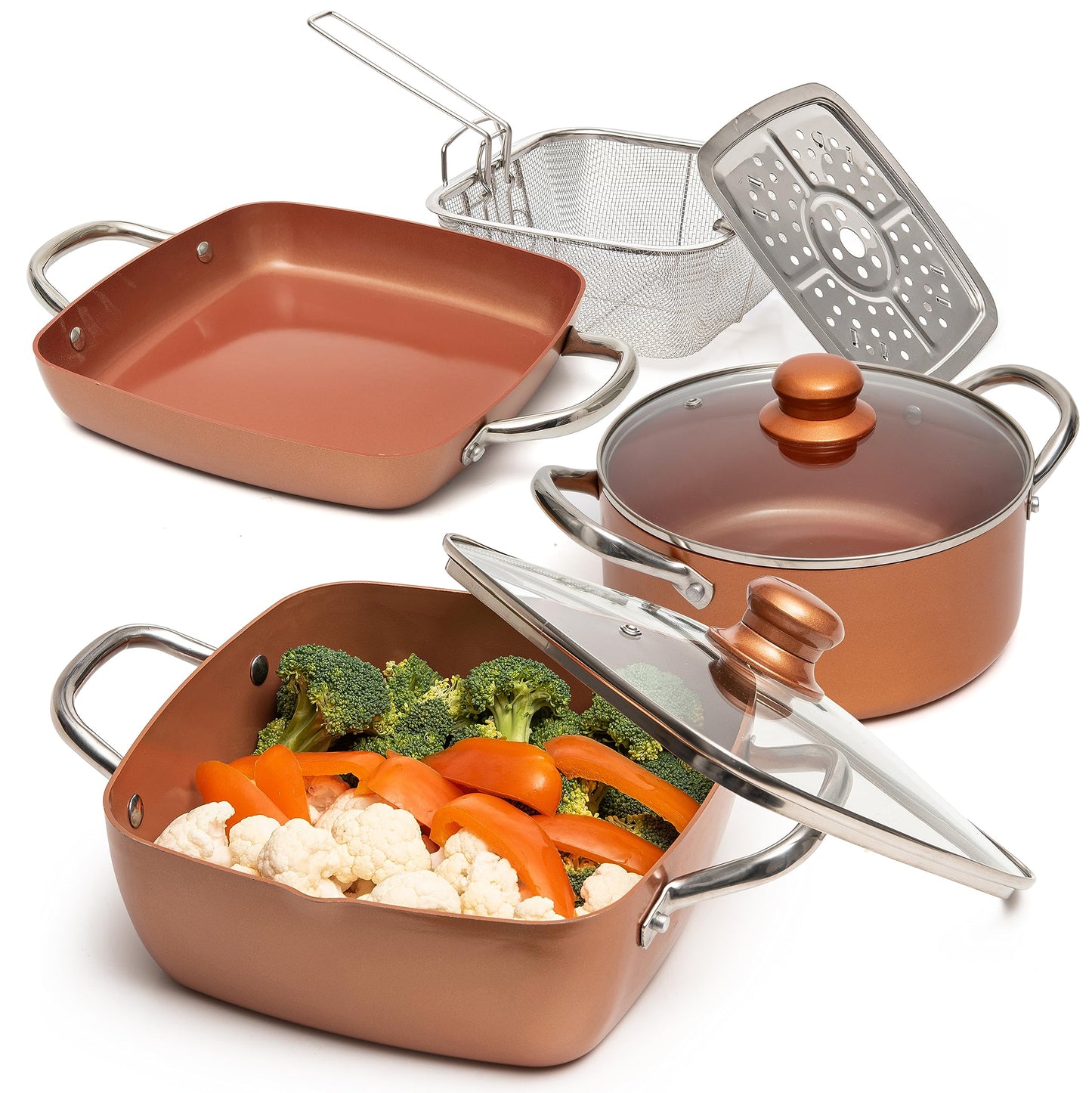 Moss & Stone 7 Pcs Copper Pots And Pans Set, Copper Chef Cookware Non Stick, Square Copper Pans for Cooking, Round Copper Pot & Fry Basket, Oven Safe 5 Quart Deep Frying Pan, Induction Cookware Set