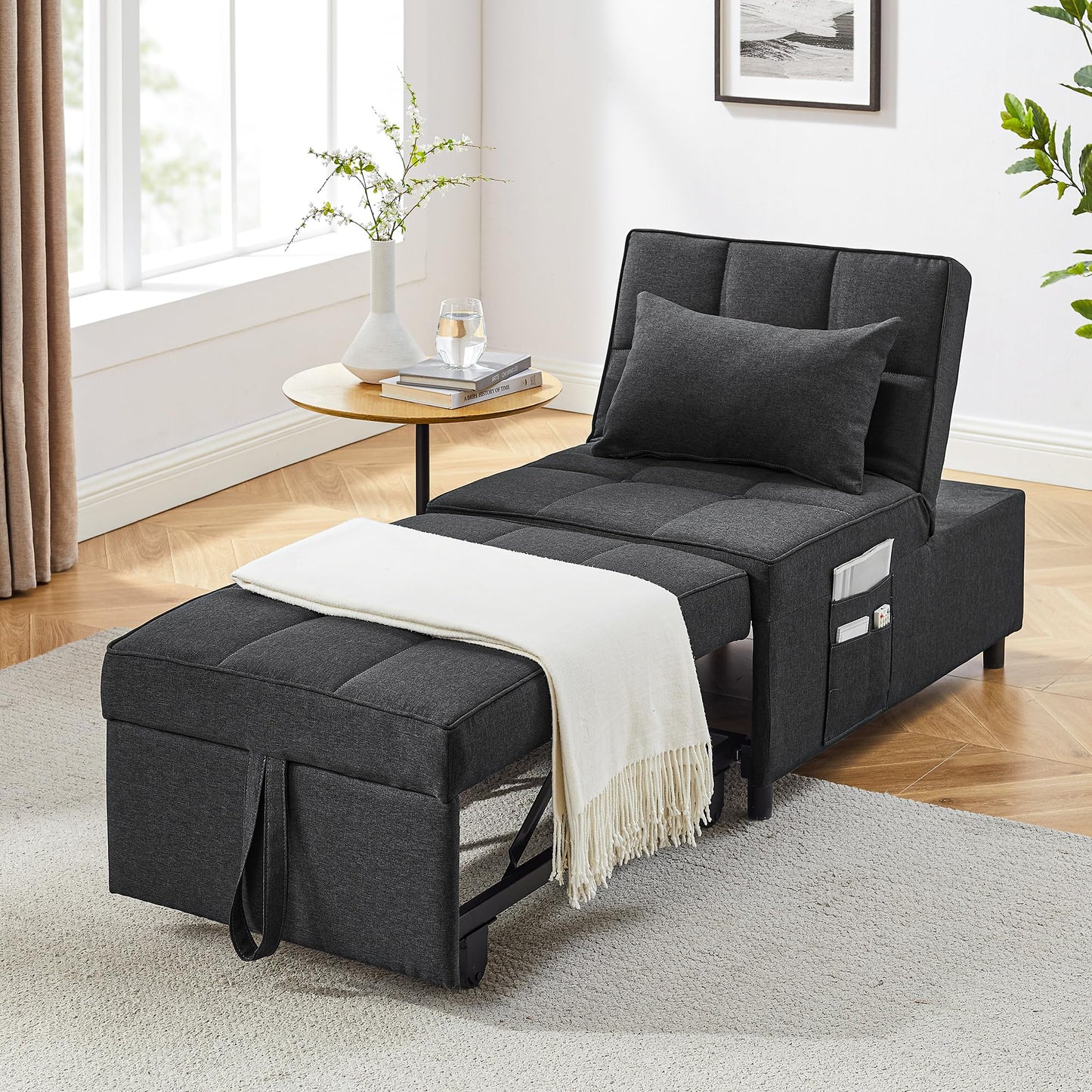 LegacyAmerhome Sleeper Chair, 4-in-1 Multi-Functional Sofa Bed Chair, Single Recliner with Pillow Side Pockets and 5 Levels of Adjustable Backrest, for Living Room Bedroom (Dark Gray)