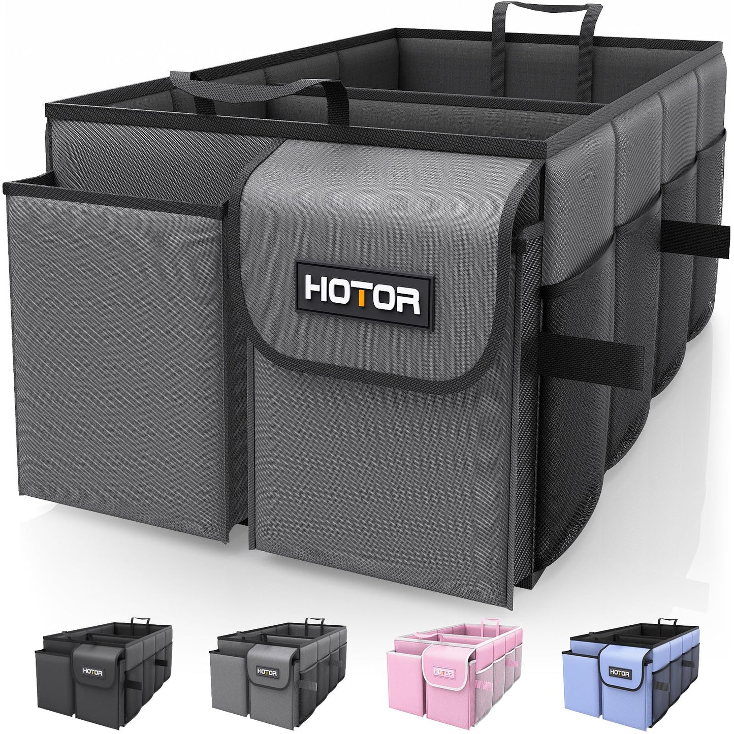 HOTOR Trunk Organizer - Car Organizer, Foldable Trunk organizer for SUVs & Sedans, Sturdy Car Organization for Car Accessories, Tools, Sundries, Black, 2 Compartments, 21.3"×12.6"×10.6"