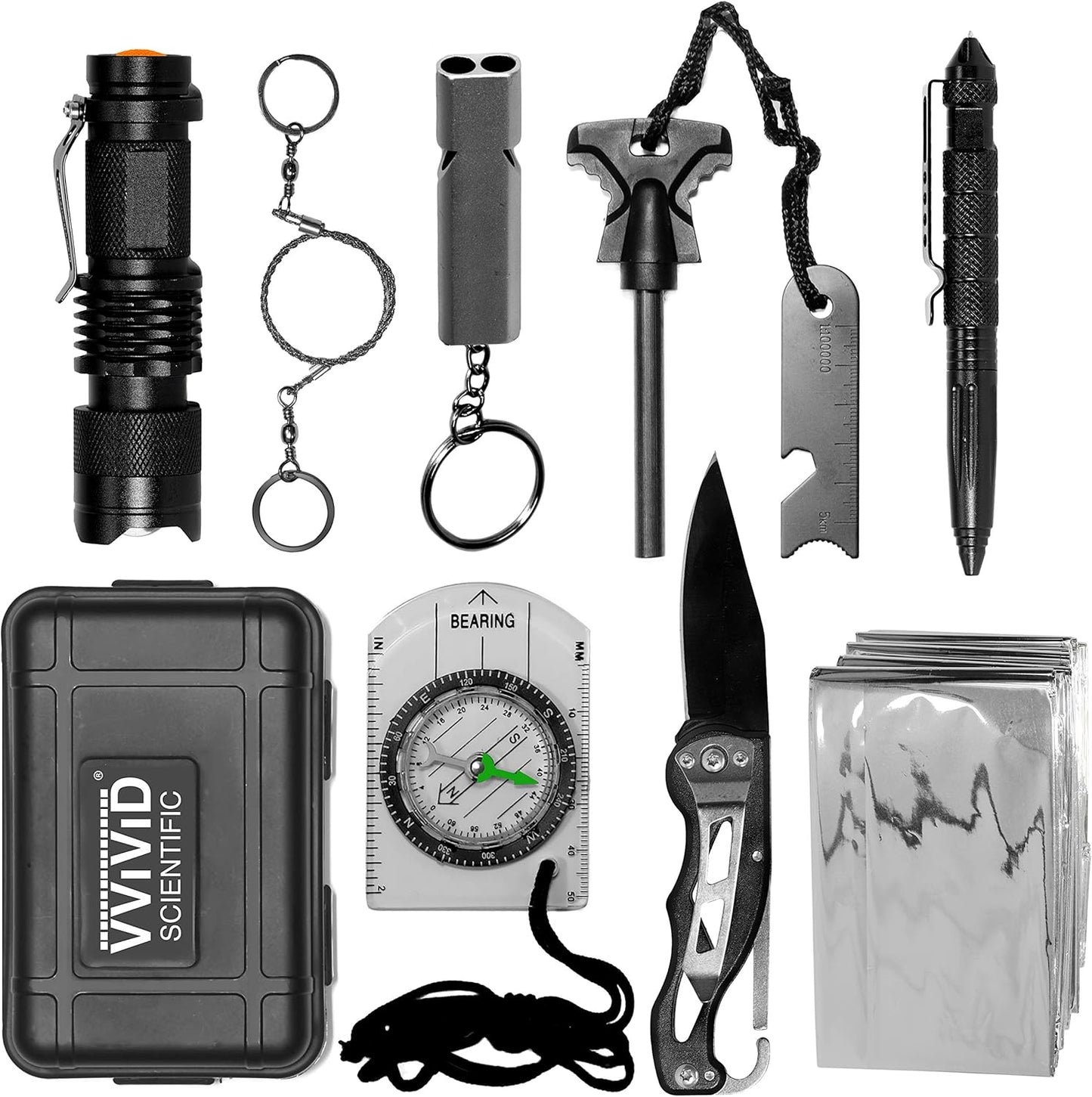 VViViD 10 in 1 Emergency Tactical Gear Survival Kit Knife Blanket Compass Fire Starter Flashlight Saw Outdoor Camping Hiking Hunting Adventure Sport Supplies