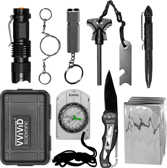 VViViD 10 in 1 Emergency Tactical Gear Survival Kit Knife Blanket Compass Fire Starter Flashlight Saw Outdoor Camping Hiking Hunting Adventure Sport Supplies