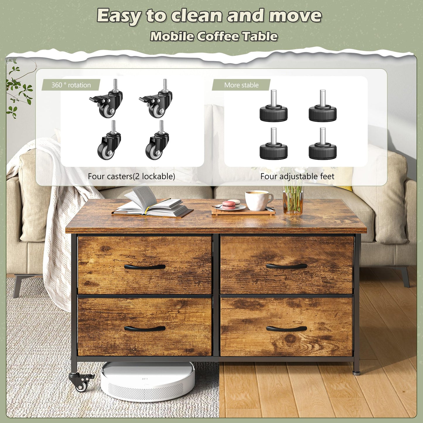 EnHomee Coffee Table with Storage, Modern Coffee Tables for Living Room, Black Center Table with Fabric Drawer and Large Hidden Space for Bedroom, Home, Office