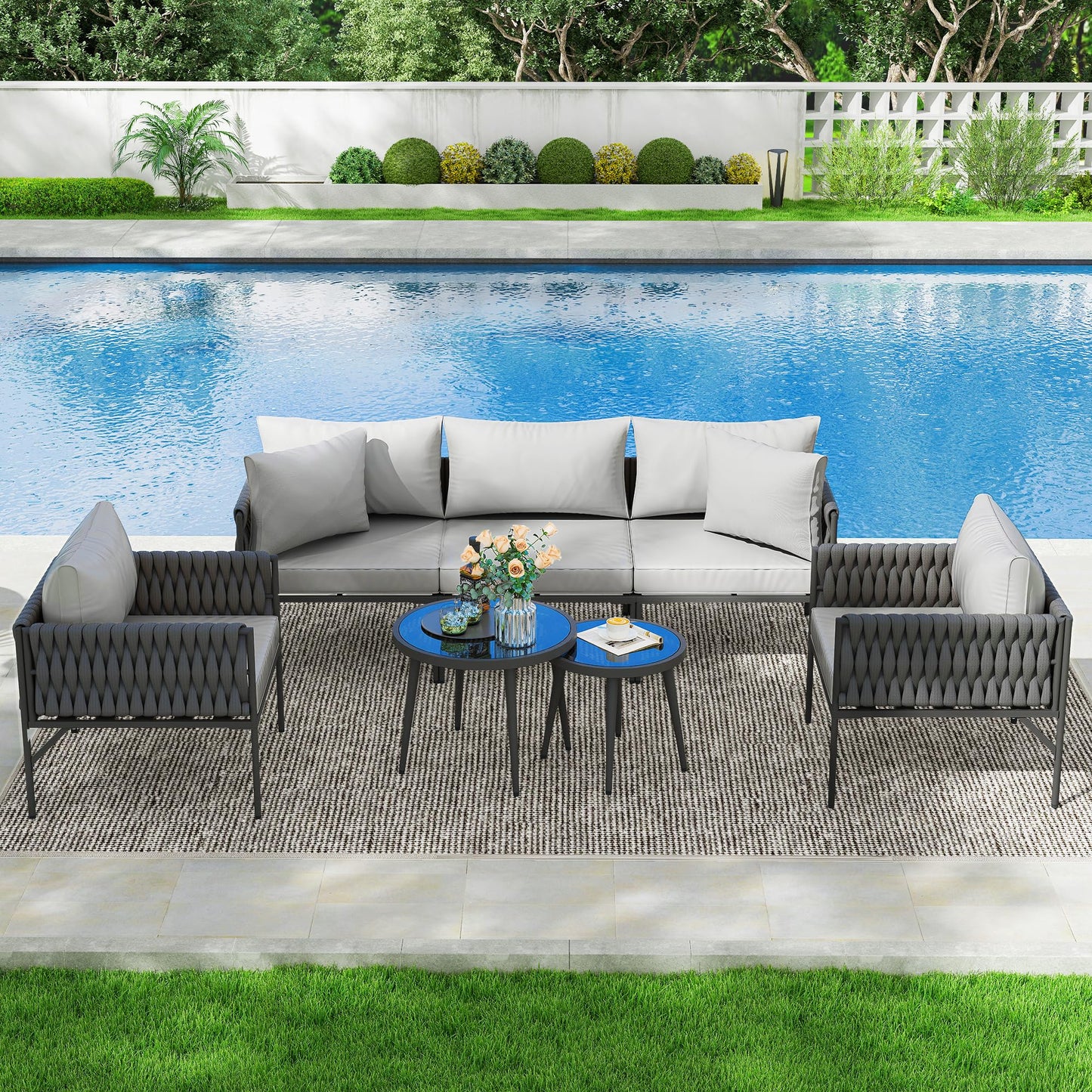 Aluminum 7-Piece Outdoor Patio Furniture Set, Conversation Sets with Comfortable Cushions, outdoor sectional and Tempered Glass Tables for Porch, Balcony, Poolside, Balcony & Courtyard (Gary)