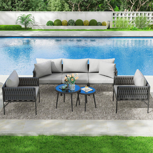 Aluminum 7-Piece Outdoor Patio Furniture Set, Conversation Sets with Comfortable Cushions, outdoor sectional and Tempered Glass Tables for Porch, Balcony, Poolside, Balcony & Courtyard (Gary)