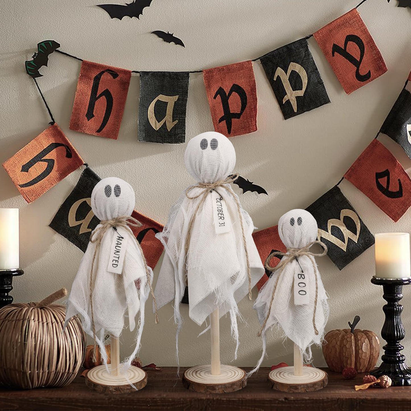 DR.DUDU 3 Pack Halloween Ghost Decor - Primitive Wooden Ghost Kit for Table Centerpiece Indoor Decorations, Spooky Cute Ghosts for Farmhouse Shelf Mantel Kitchen Home & Office Decor