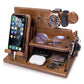 TESLYAR Wood Phone Docking Station for Men - Desk or Nightstand Organizer - Birthday Gifts for Husband, Dad - Anniversary Idea from Wife - Key Holder, Stand Wallet, Watch & Essentials (Bourbon Brown)