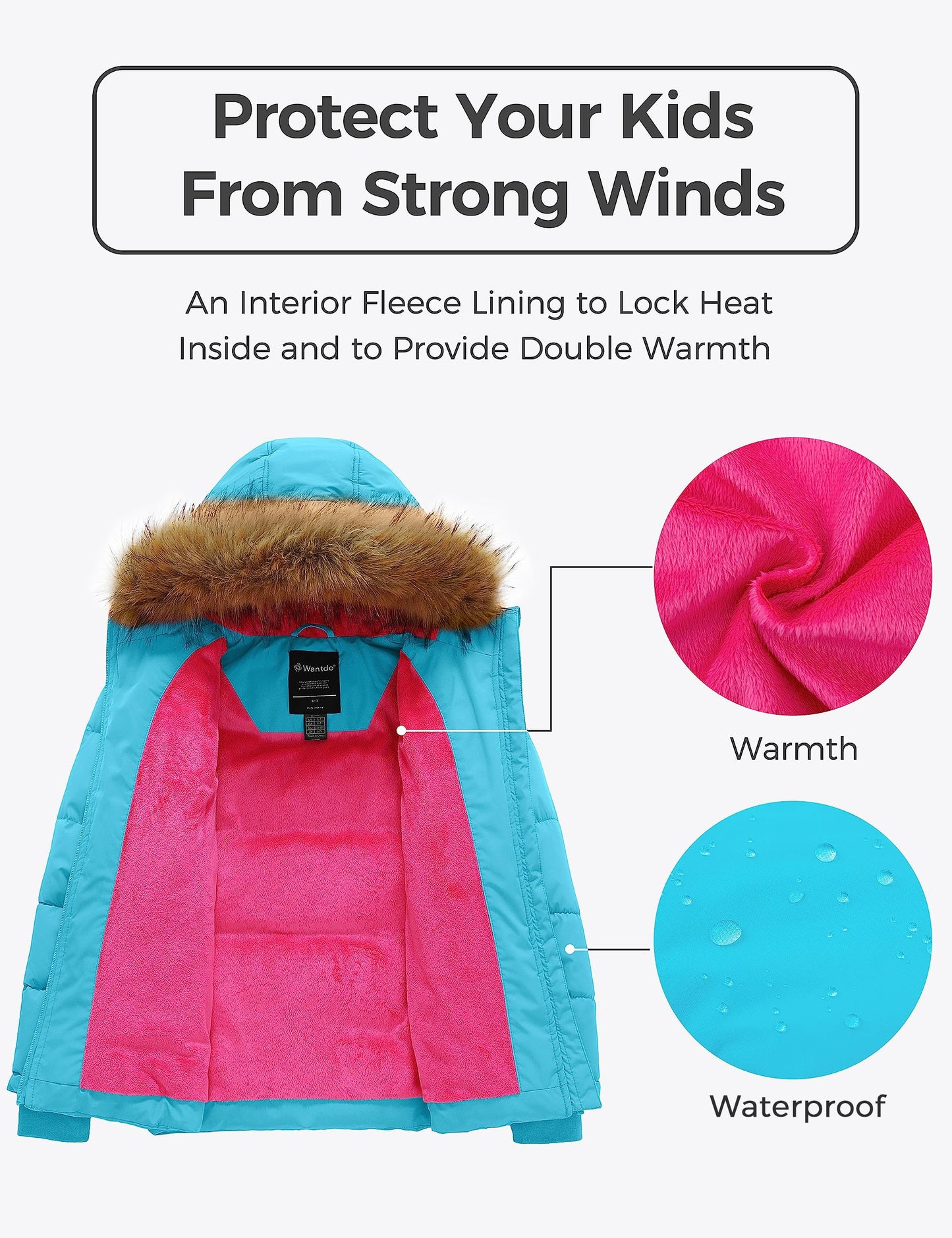 wantdo Girls' Windproof Winter Coat Warm Puffer Jacket Fleeced Coat with Faux Fur hood Sapphire Blue 8