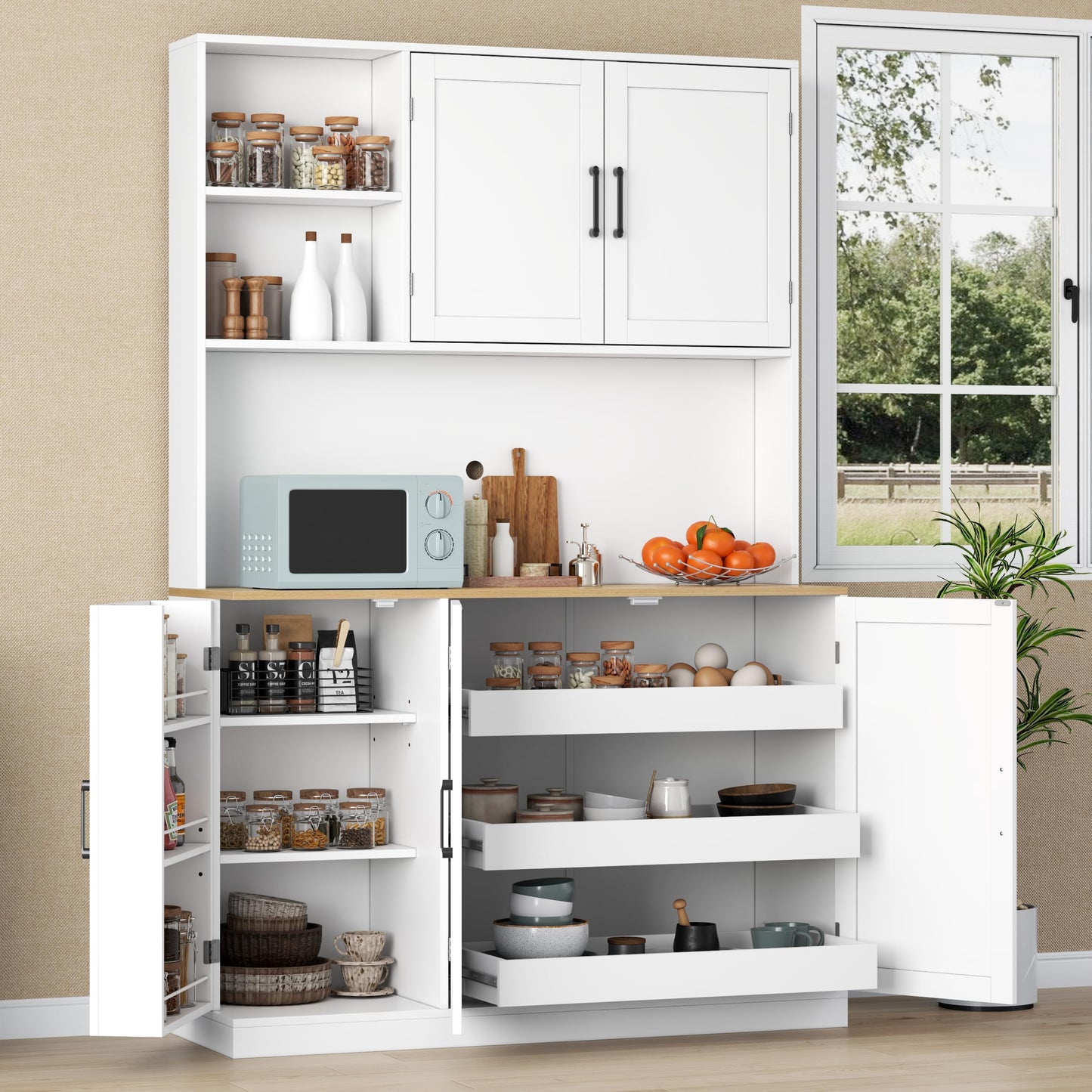 71" Tall Kitchen Pantry Cabinet, Kitchen Pantries with 3 Pull-out Drawers, Storage Cabinets with Hutch & Door Shelves & Microwave Coffee Stand, Pantry Organizer for Dining Room, Living Room (White)