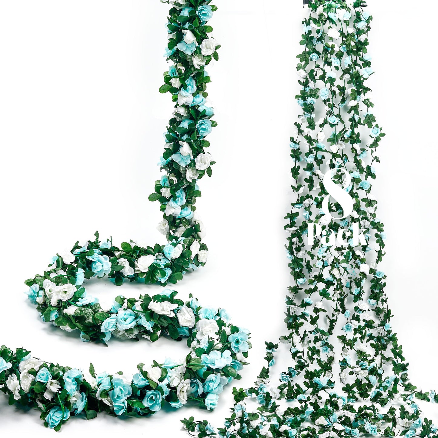 Miracliy 8Pcs 66FT Blue Flower Garland, Artificial Rose Floral Vines Fake Hanging Spring Flower Garland for Wall Backdrop Wedding Arch Tea Party Door Mantle Decoration