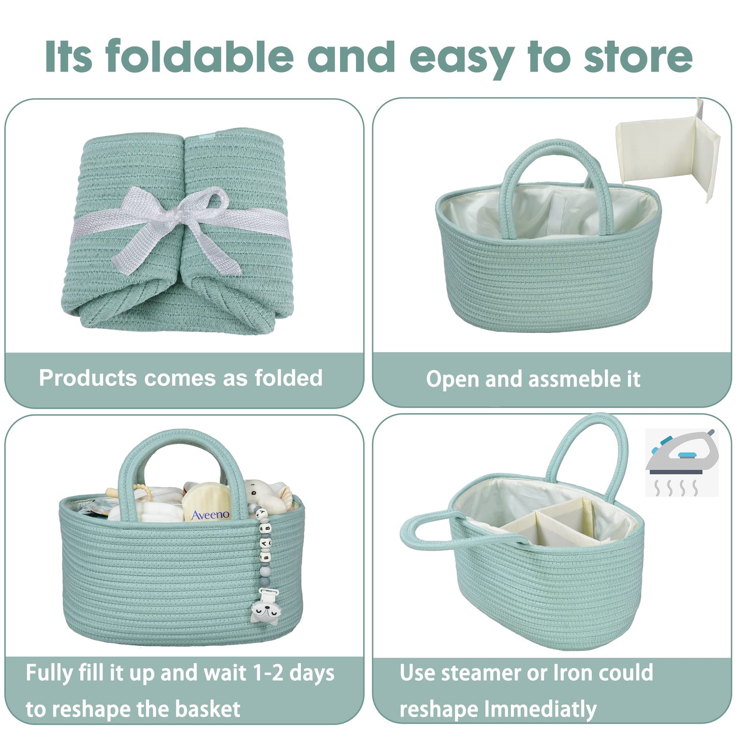 Diaper Caddy Organizer for Baby Cotton Rope Nursery Storage Bin Basket Portable Holder Tote Bag for Changing Table Car Travel Baby Shower Gifts Newborn Essentials Registry Must Haves Light Green