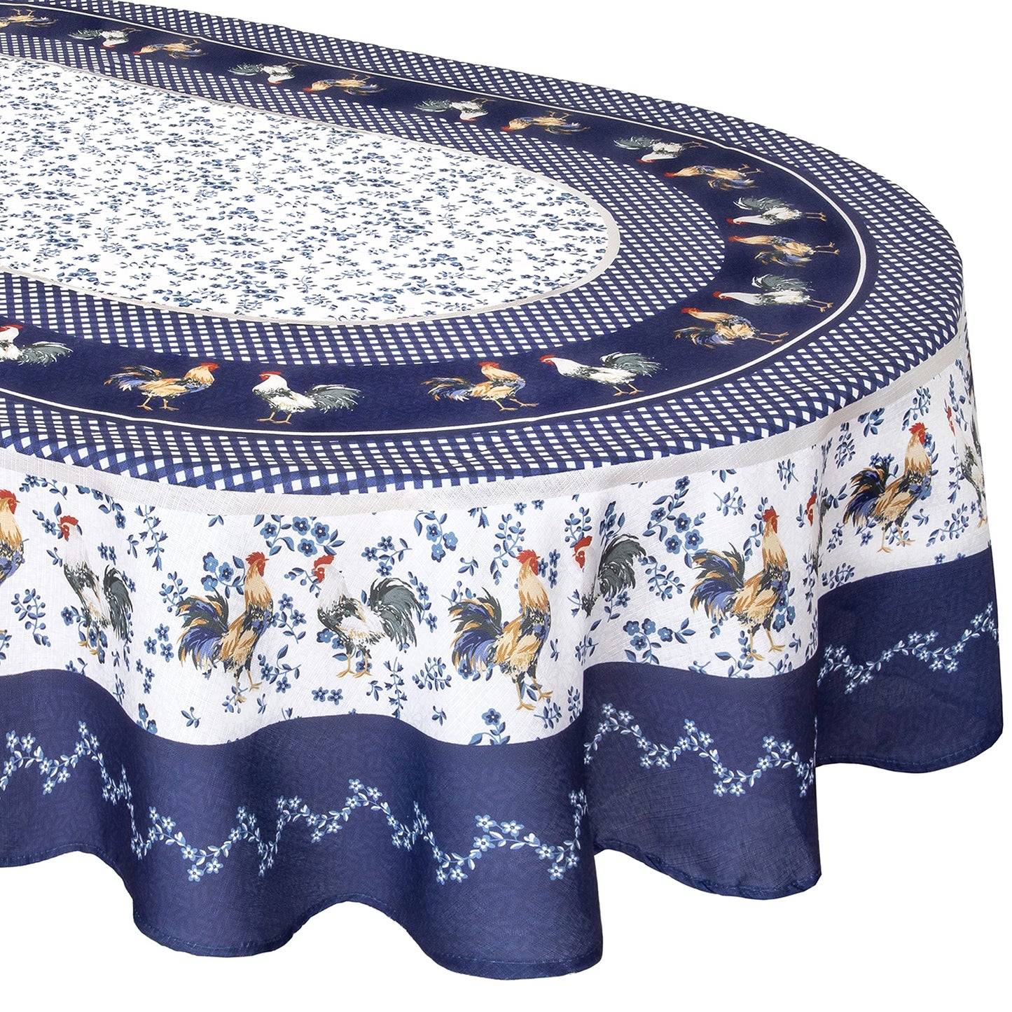Home Bargains Plus Oval Fabric Tablecloth, 60 x 84 Inch, Blue Provence Rooster, Wrinkle, Water and Stain Resistant Country Provence Table Cloth, Farm