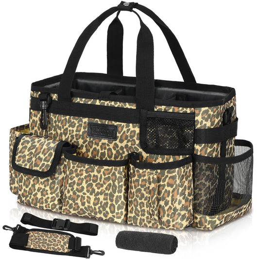 Storage Standard Cleaning Caddy Organizer with Handle - Small Cleaning Caddy Supplies Bag with Shoulder & Waist Strap - Cleaning Supplies Organizer with Cleaning Cloth - Leopard