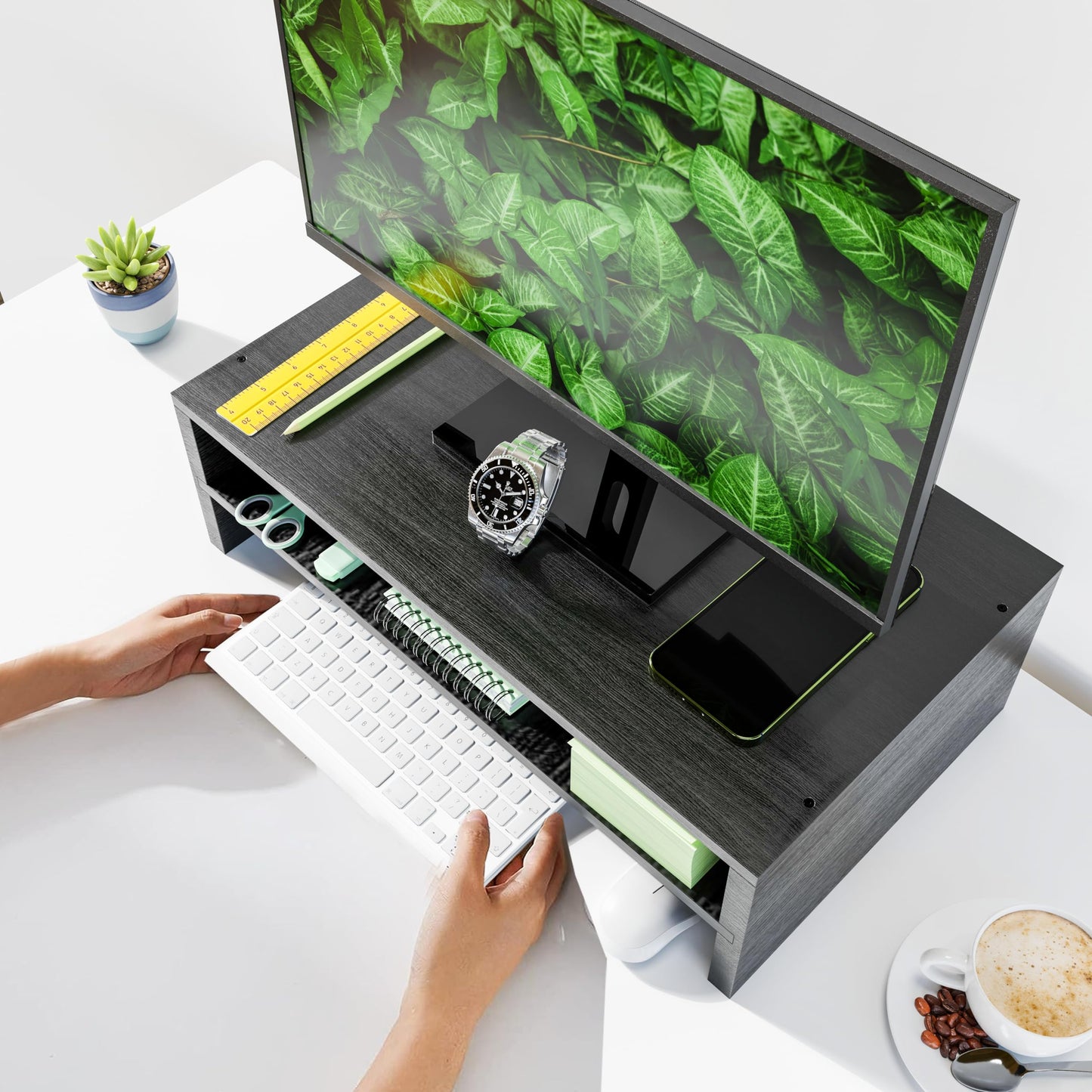 Simpple Trending Monitor Stand Riser, 2 Tier Wood Office Desk Storage Organizer for Laptop, Computer, Black