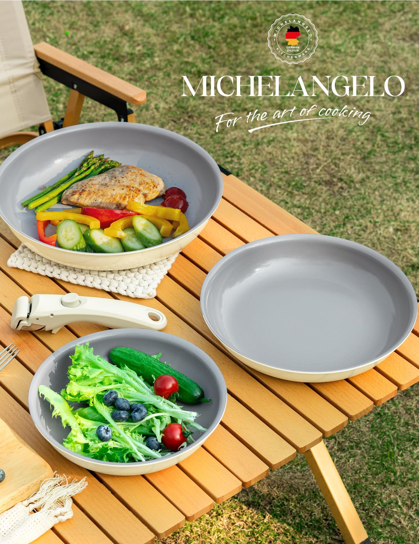 MICHELANGELO Ceramic Frying Pan Set, 8" 9.5" and 11" Fry Pans with Removable Handle, Nonstick Skillet Sets with Non Toxic Coating, PFOS & PFOA Free, Induction Compatible, Beige