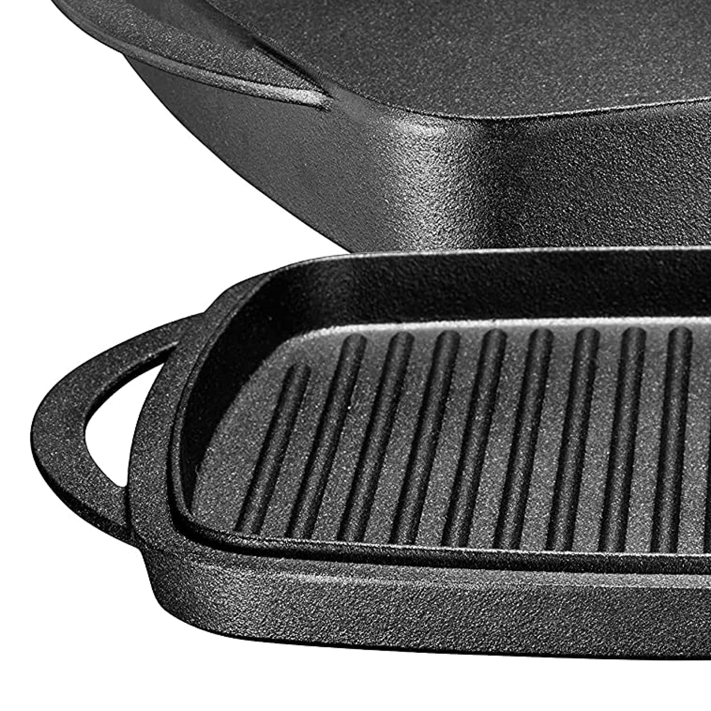 Bruntmor 2-in-1 Pre-Seasoned Cast Iron Dutch Oven and Grill Pan with Dual Handles - 11-Inch Non Stick Square Casserole Dish with Lid - Cast Iron Cookware for Braising, Crock Pot and Oven Safe Skillet