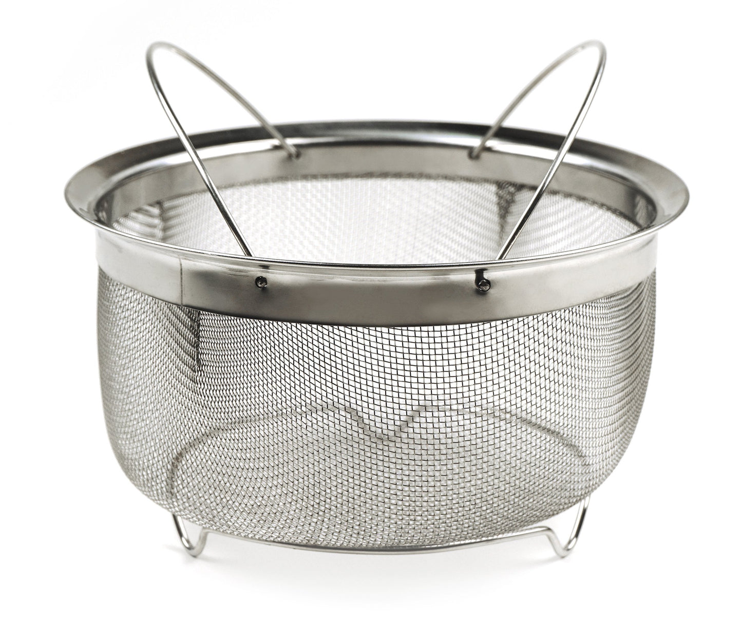 RSVP International Mesh Colander Strainer Basket with Folding Handles, 3 Quarts | For Pasta, Frying, & Salads | Dishwasher Safe | Use in Pressure Cookers | Steaming, Draining & Rinsing