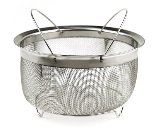 RSVP International Mesh Colander Strainer Basket with Folding Handles, 3 Quarts | For Pasta, Frying, & Salads | Dishwasher Safe | Use in Pressure Cookers | Steaming, Draining & Rinsing