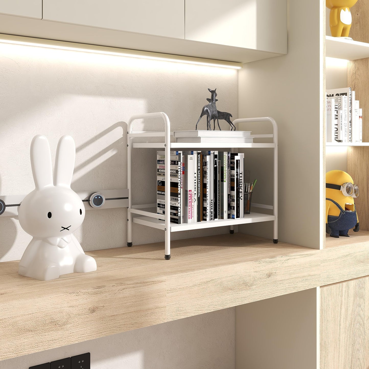 HDANI 2 Tier Under Desk Printer Stand with Storage,Microwave Storage Rack,Metal Rolling Printer Cart with Wheels for Home Office,Utility Storage Cart and Stand,White