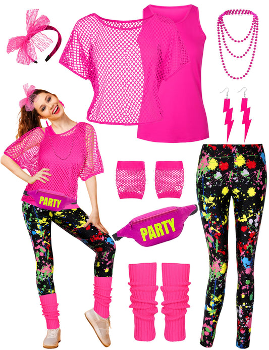 CICOCI 80s 90s Outfit For Women Neno Party Fishnet Top1980s Costume with 80s Accessories Set Retro Party Leg Warmers Headband