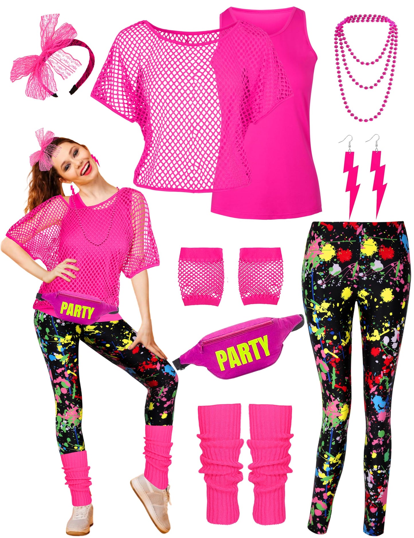 CICOCI 80s 90s Outfit For Women Neno Party Fishnet Top1980s Costume with 80s Accessories Set Retro Party Leg Warmers Headband