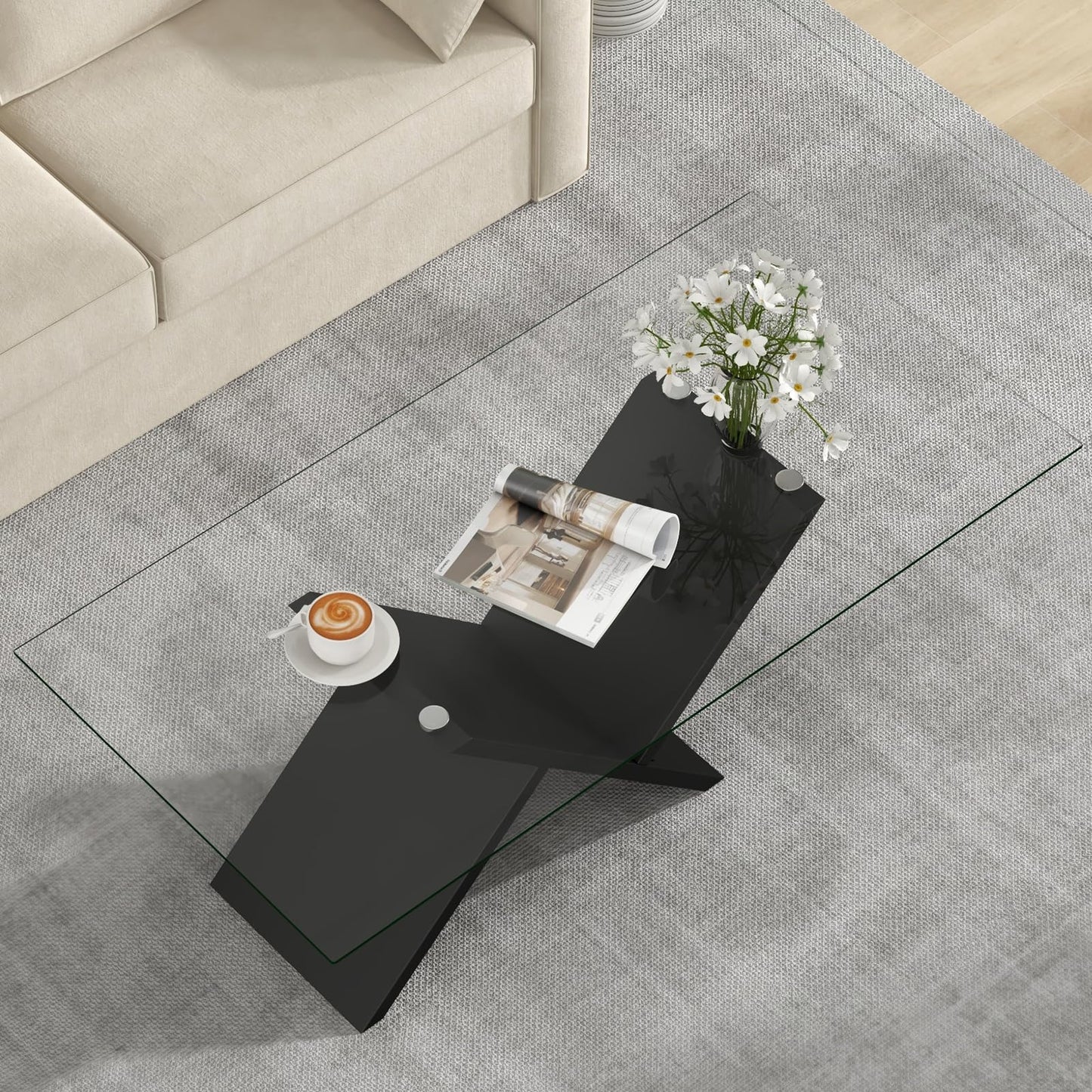 Tangkula Rectangle Glass Coffee Table, 47” Modern Center Table with Tempered Glass Tabletop & Geometric Rubber Wood Frame, Versatile Accent Table for Living Room (Black)