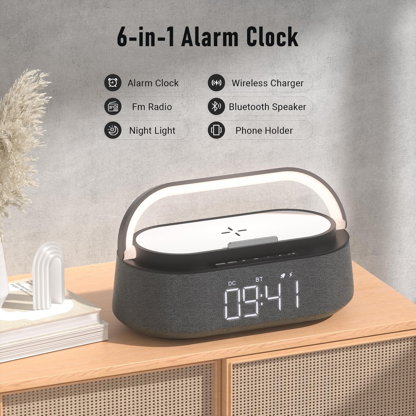 FREEFISH Bluetooth Speaker with Fast Wireless Charger,FM Radio,Touch LED Night Light,Phone Holder,Snooze, Portable Wireless Speaker for Bedrooms Office Home, Gifts (Black)