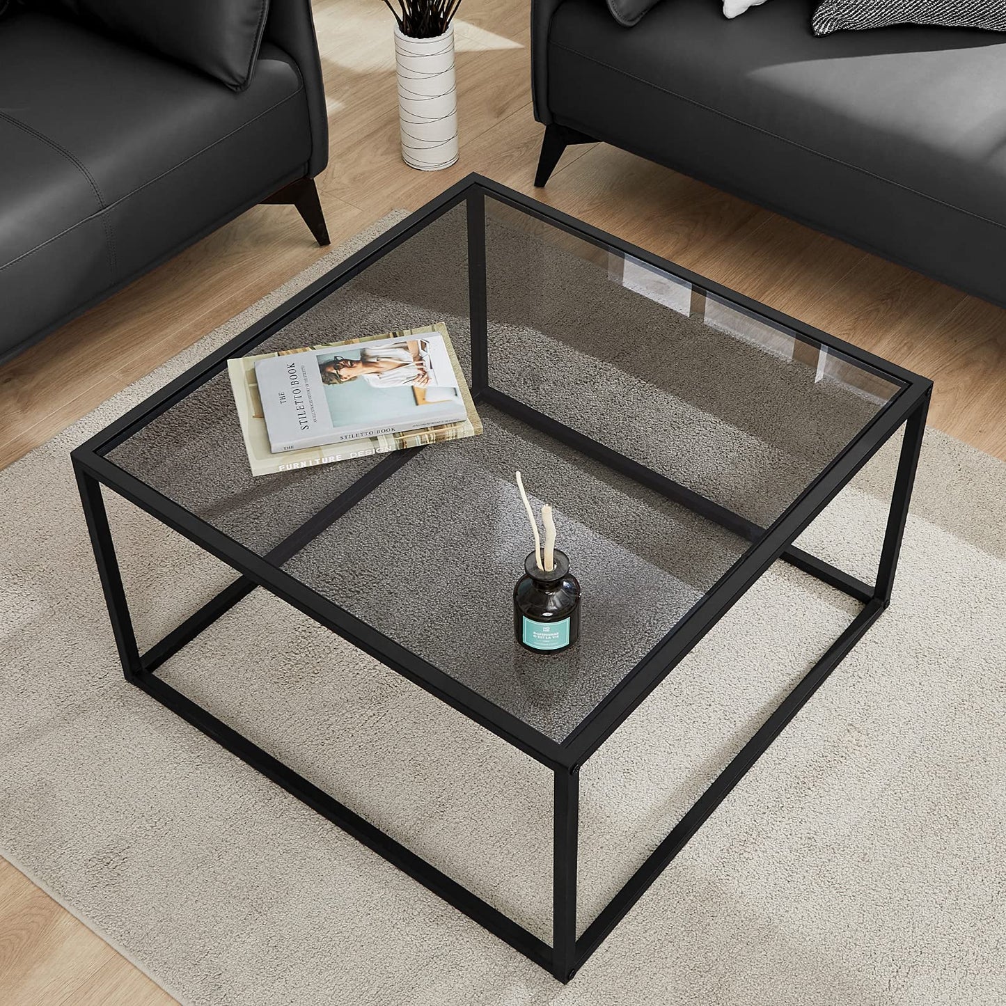 SAYGOER Glass Coffee Table, Small Modern Coffee Table Square Simple Center Tables for Living Room 26.7 x 26.7 x 17.7 Inches, Gray Black