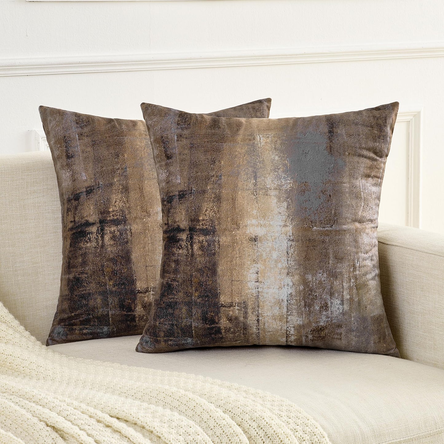 Alricc Decorative Abstract Art Throw Pillow Covers 18x18 (Set of 2) - Modern Oil Painting Textured for Couch, Living Room, Bed - Dark Brown Contemporary Design