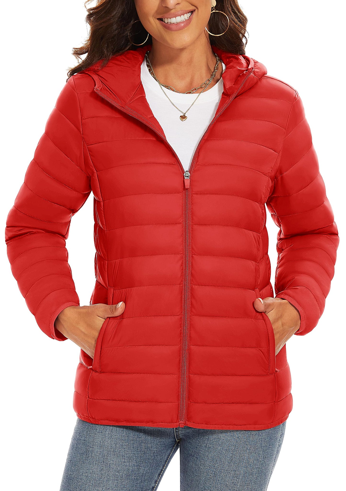 TACVASEN Women's Puffer Coat Long Sleeve Lightweight Jacket with Pockets Quilt Jacket for Winter,Tomato Red L