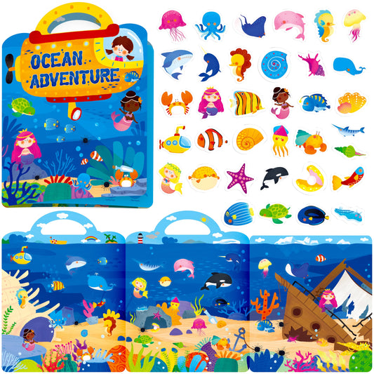 Reusable Sticker Book, 35 Marine Theme Static Stickers Waterproof Animals & Mermaid Decals Matching Game Activity Books Educational Learning Toys for Toddlers Girls Boys Preschooler