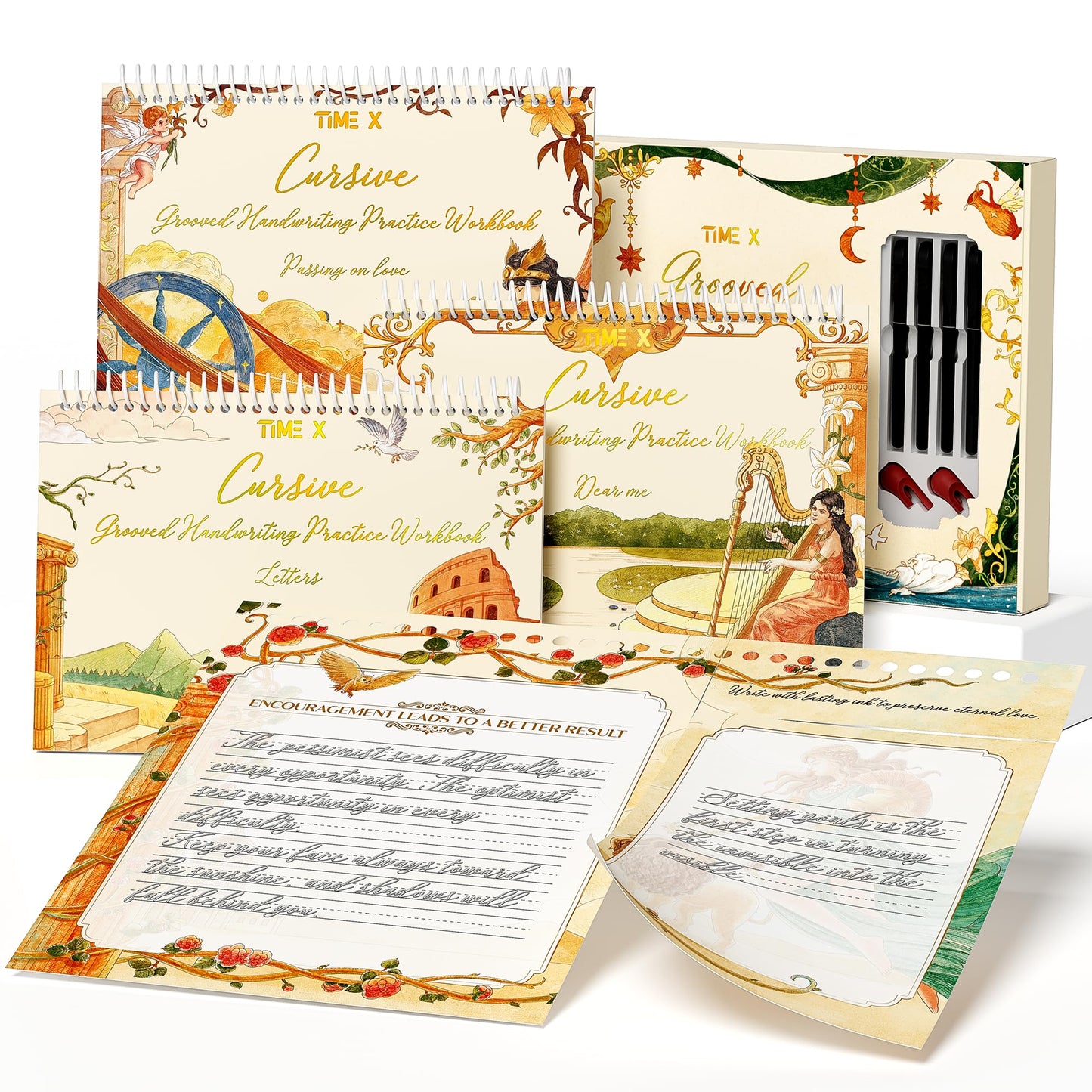TIME X Grooved Cursive Handwriting Workbook Kit - Cursive Handwriting Workbook for Kids 8-12 and Adults - 3Pcs Magic Reusable Handwriting Workbook with Detachable Quote Postcards - 12.6"x10.6"