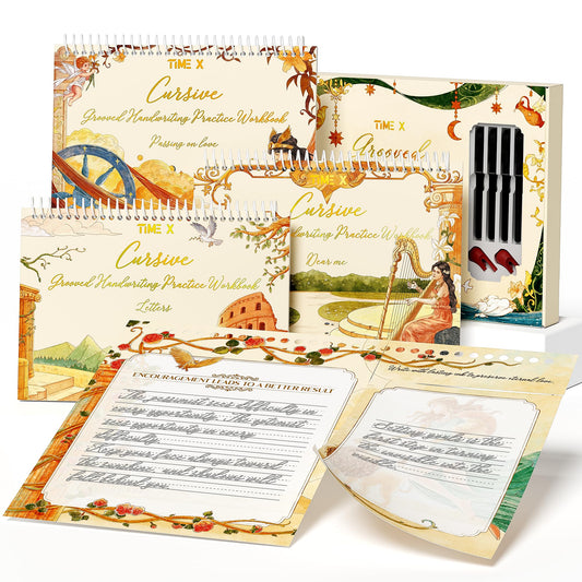 TIME X Grooved Cursive Handwriting Workbook Kit - Cursive Handwriting Workbook for Kids 8-12 and Adults - 3Pcs Magic Reusable Handwriting Workbook with Detachable Quote Postcards - 12.6"x10.6"