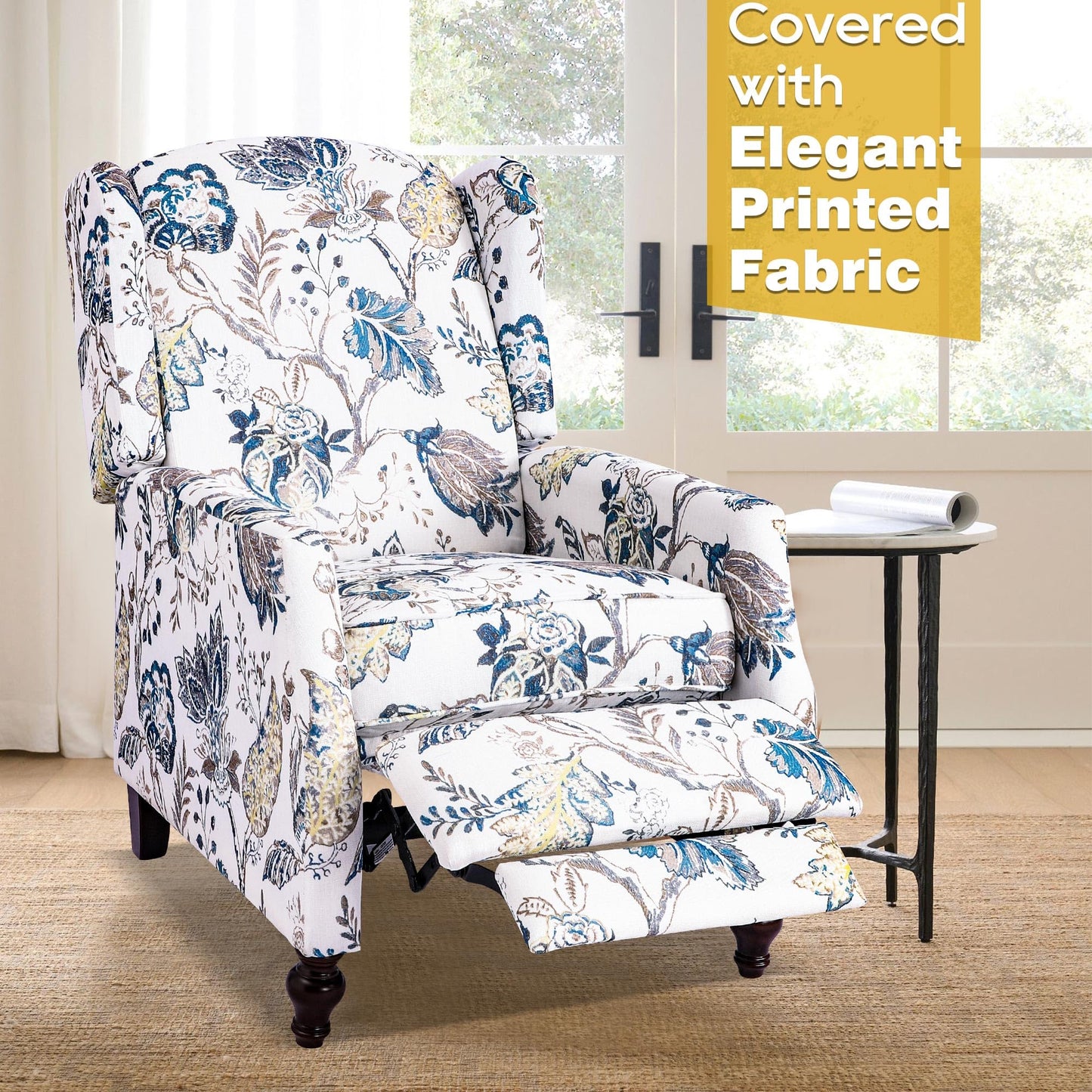 GUEAPY Mid Century Modern Wingback Recliner Chair for Adults, Push Back Upholstered Accent Chair with Floral Fabric, Manual Reclining Armchair for Living Room, Bedroom, Reading Corner (Blue Botanical)