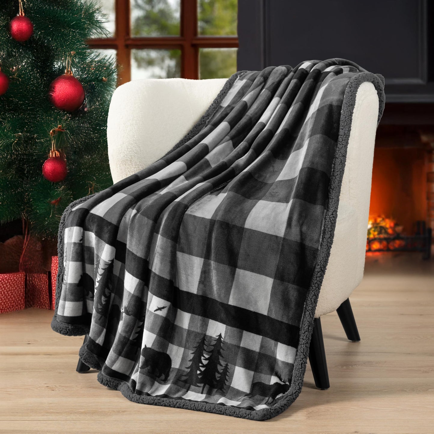 Pavilia Winter Cabin Sherpa Blanket Throw | Flannel Fleece Christmas Plaid Blanket | Plush, Soft, Warm, Cozy, Reversible Microfiber Throw 50x60 (Grey)
