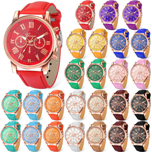Outus 26 Pack Platinum Wrist Watch Unisex Ladies Quartz Watch Sets with PU Leather Belt for Women Men(Assorted Colors)