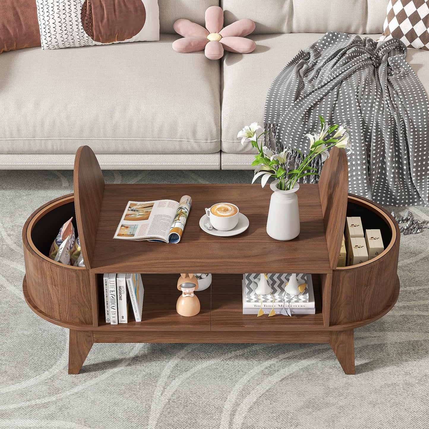 Coffee Table with Storage,Mid Century Modern Coffee Tables with 2 Flip-Top Hidden Lids,Fluted Coffee Table,Wood Center Tables for Living Room Home Office (Walnut Color)