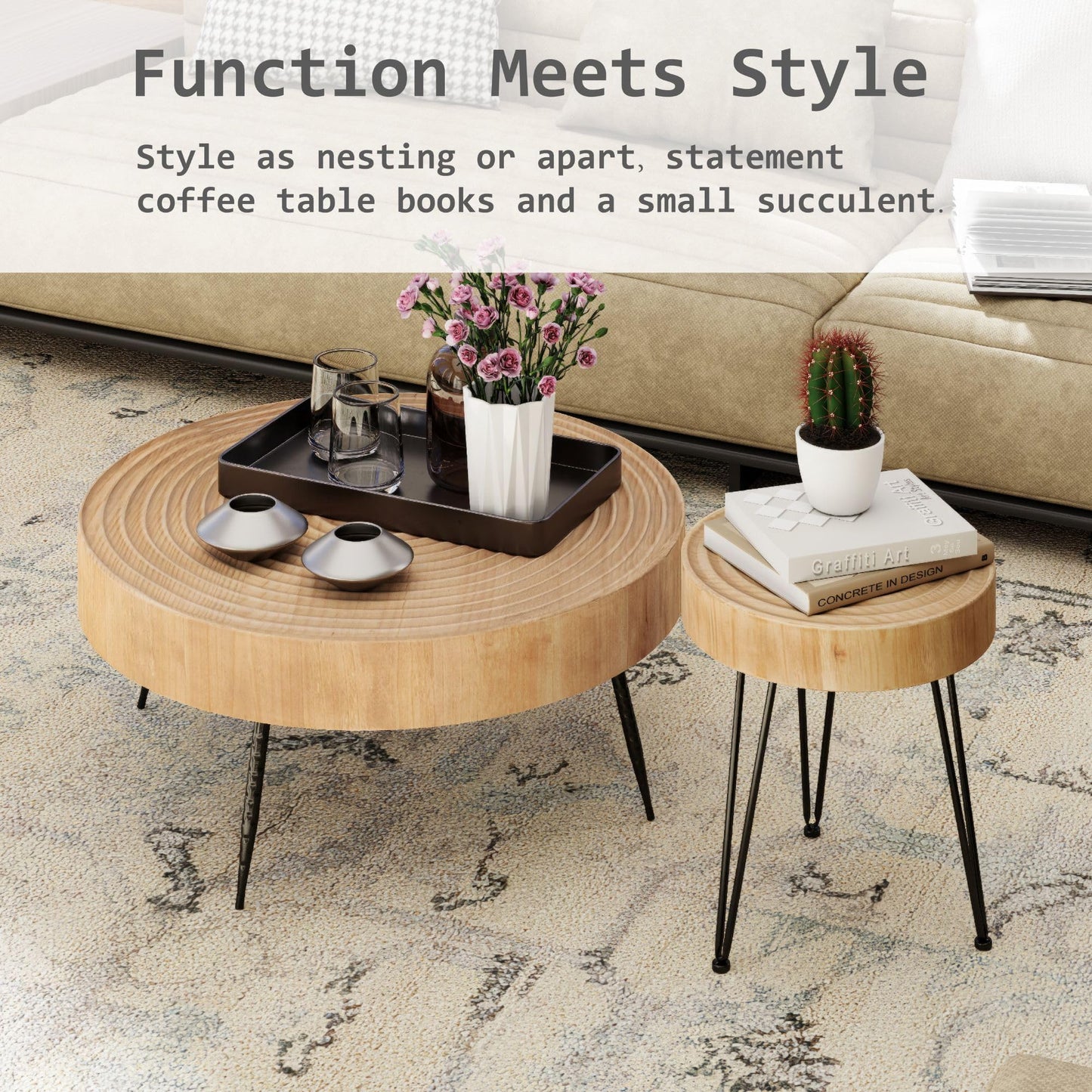 2-Piece Modern Farmhouse Living Room Coffee Table Set, Nesting Table Round Natural Finish with Handcrafted Wood Ring Pattern