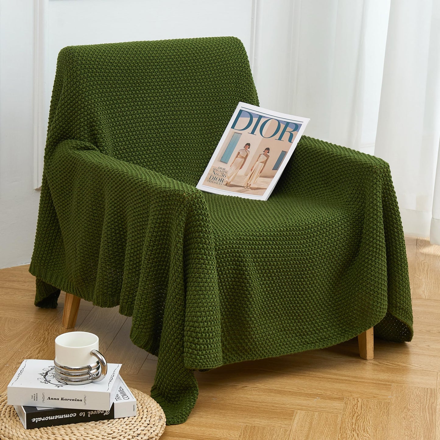 Aganear Knit Throw Blanket for Couch, Cable Knitted Throw Blanket for All Seasons, Soft Cozy Lightweight Knit Blanket for Living Room Bed Office Travel Boho Decor (50"x60", Olive Green)