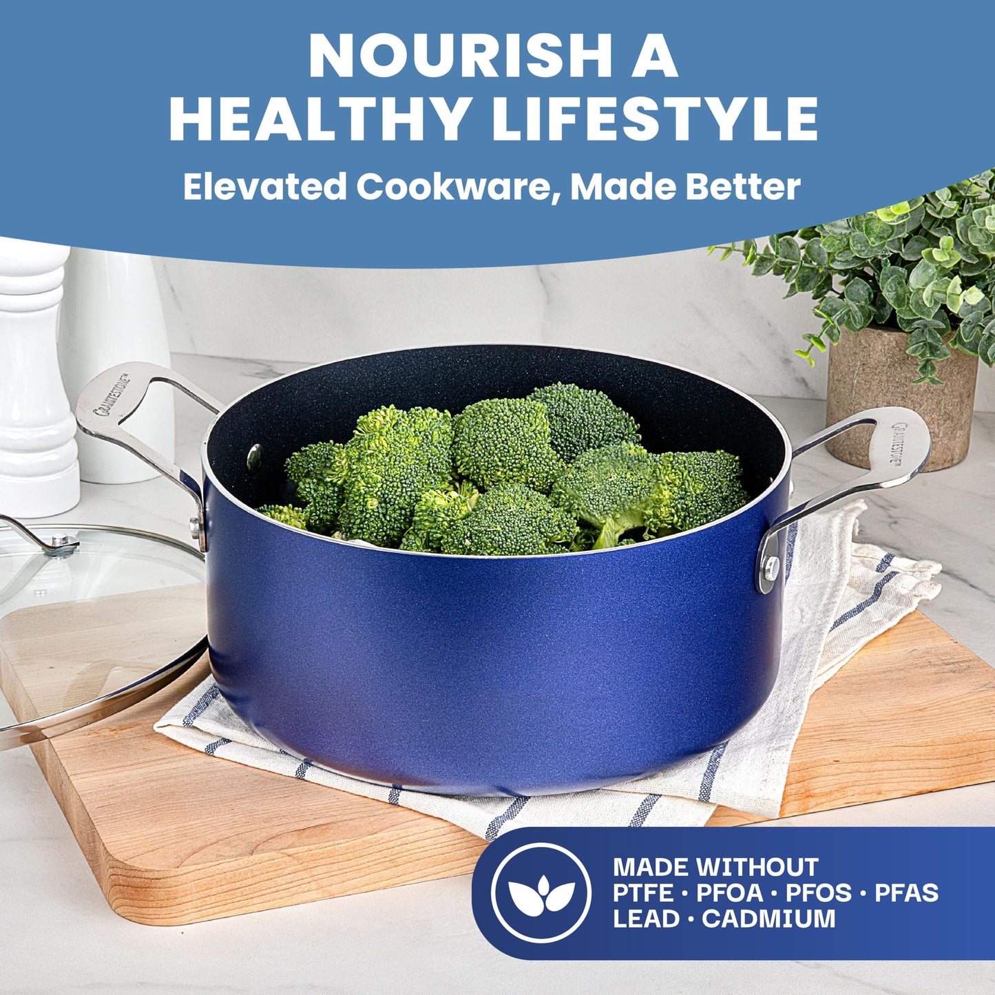 Granitestone 15 Pc Kitchen Pots and Pans Set Non Stick, Kitchen Cookware Sets, Pot and Pan Set, Nonstick Cookware Set, Diamond Coated Non Stick Pots and Pan Set, Dishwasher Safe - Blue