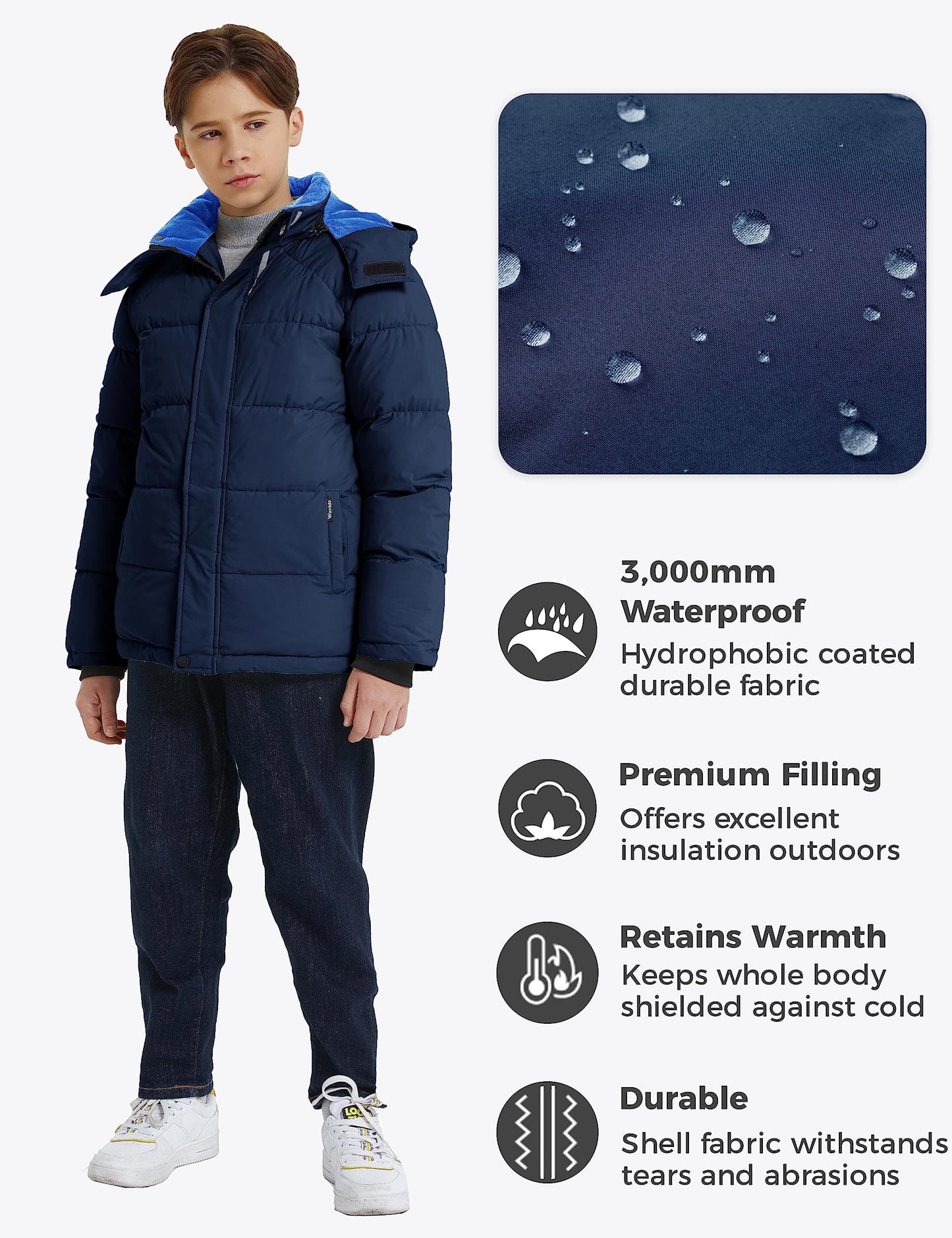 wantdo Boy's Waterproof Winter Coat Fleece Puffer Jacket with Hood Navy Size 6-7