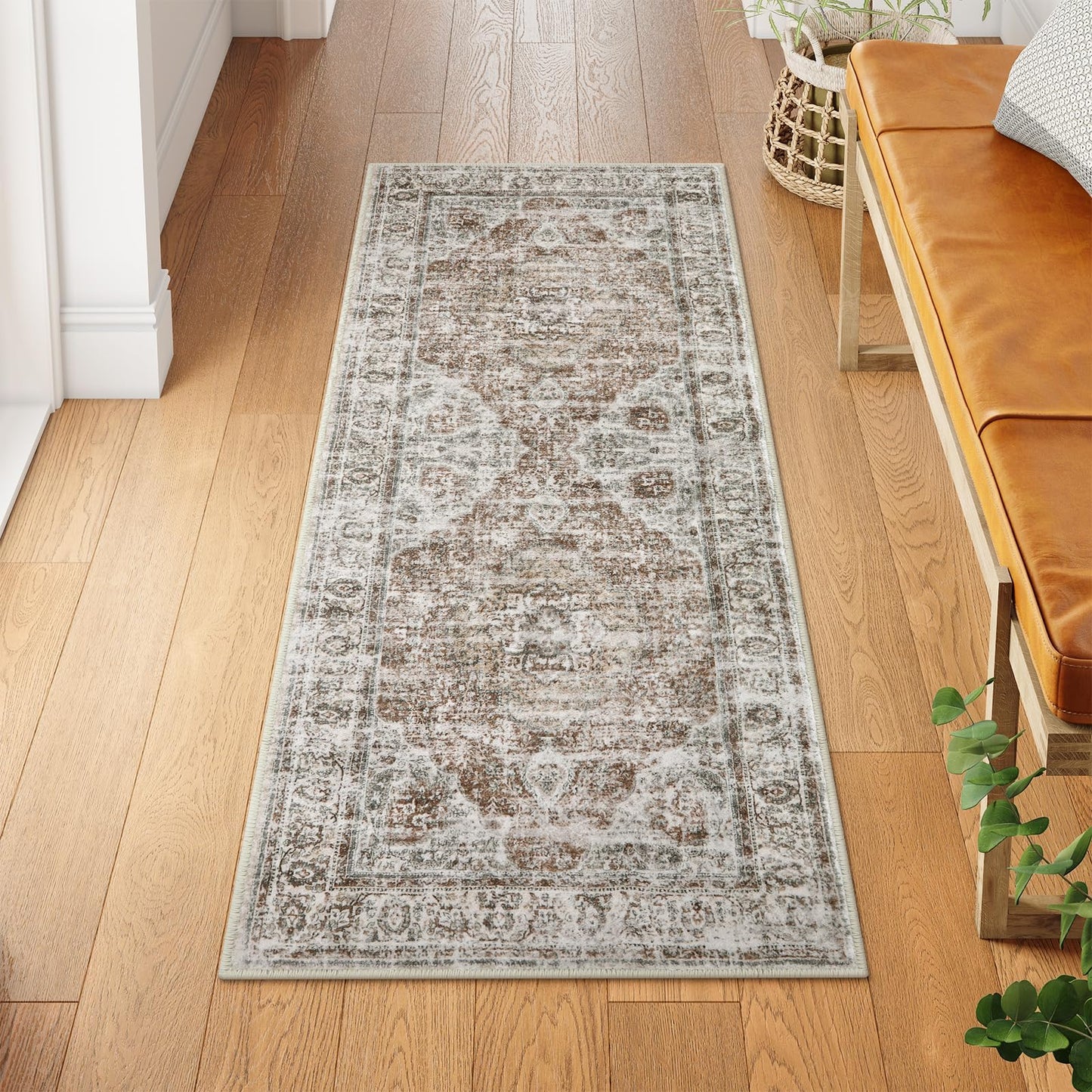 Uphome Bathroom Runner Rug, Distressed Tribal Farmhouse Khaki Bathroom Mat, Large Bathroom Rugs Non Slip Washable, Oriental Retro Boho Bath Mat Runner for Bathtub Sink Hallway, 24x59 inch