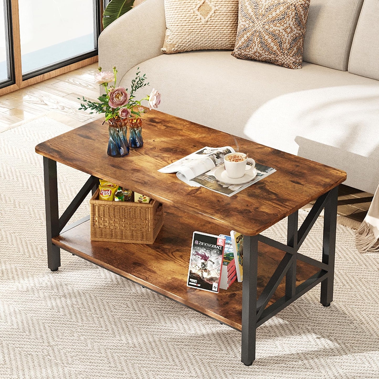 WLIVE Coffee Table for Living Room, 39" Center Table with Round Corners, Storage Shelf, Farmhouse Style Small Coffee Table with Metal Frame, Rustic Brown