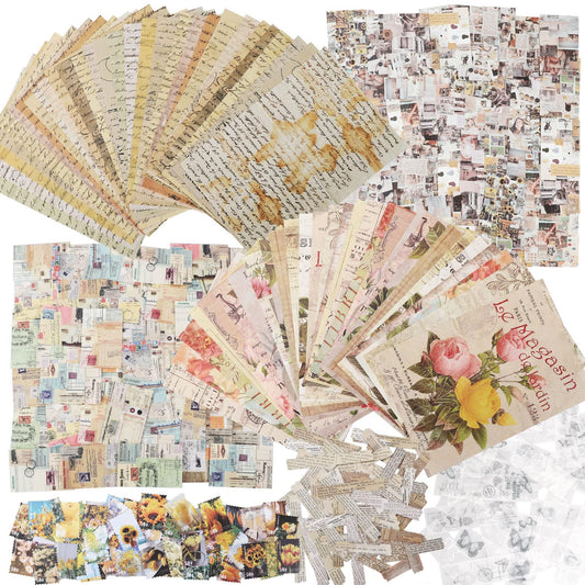 445 PCS Vintage Scrapbook Paper Journaling Scrapbooking Supplies Kit Aesthetic Decorative Craft Paper include 40 Sheet Flowers Stickers for Planner, Bullet Journaling, Junk Journal, Retro Crafts