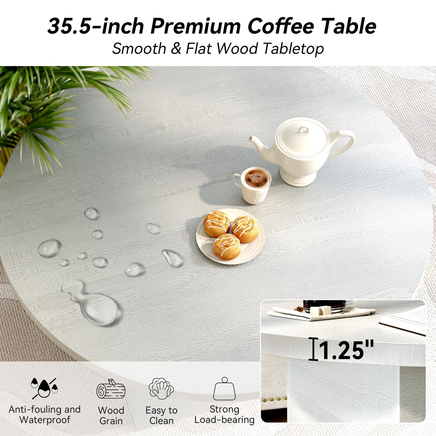 AMICLIBER Round Coffee Table, 35.5-Inch Modern Engineered Wood Center Coffee Tables for Living Room, Home Office Wooden Farmhouse Rustic Cocktail Tea Accent Table,White