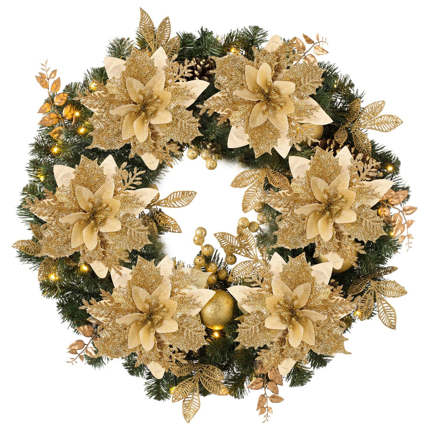 DEEMEI Christmas Poinsettia Artificial Flowers Christmas Tree Wreaths Garland Decoration 15 Pcs 5.5" Glitter Flowers Picks Decor for Xmas New Year Wedding Party Ornaments Gold