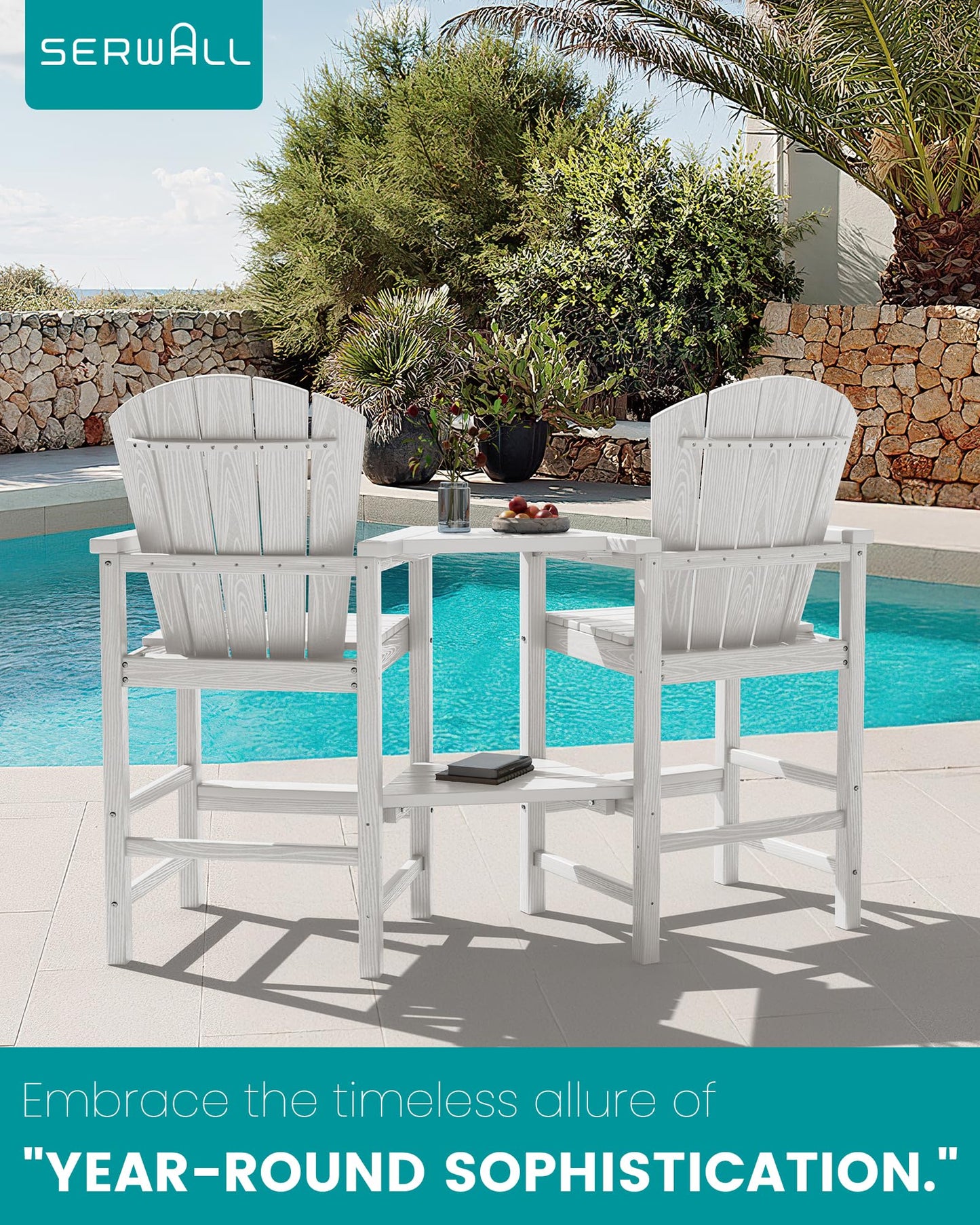 SERWALL Tall Adirondack Chairs Set of 2 with Double Layer Connecting Tray, HDPE Bar Height Outdoor Chairs, Wood-Like Adirondack Bar Stools for Patio, Balcony, Porch, White