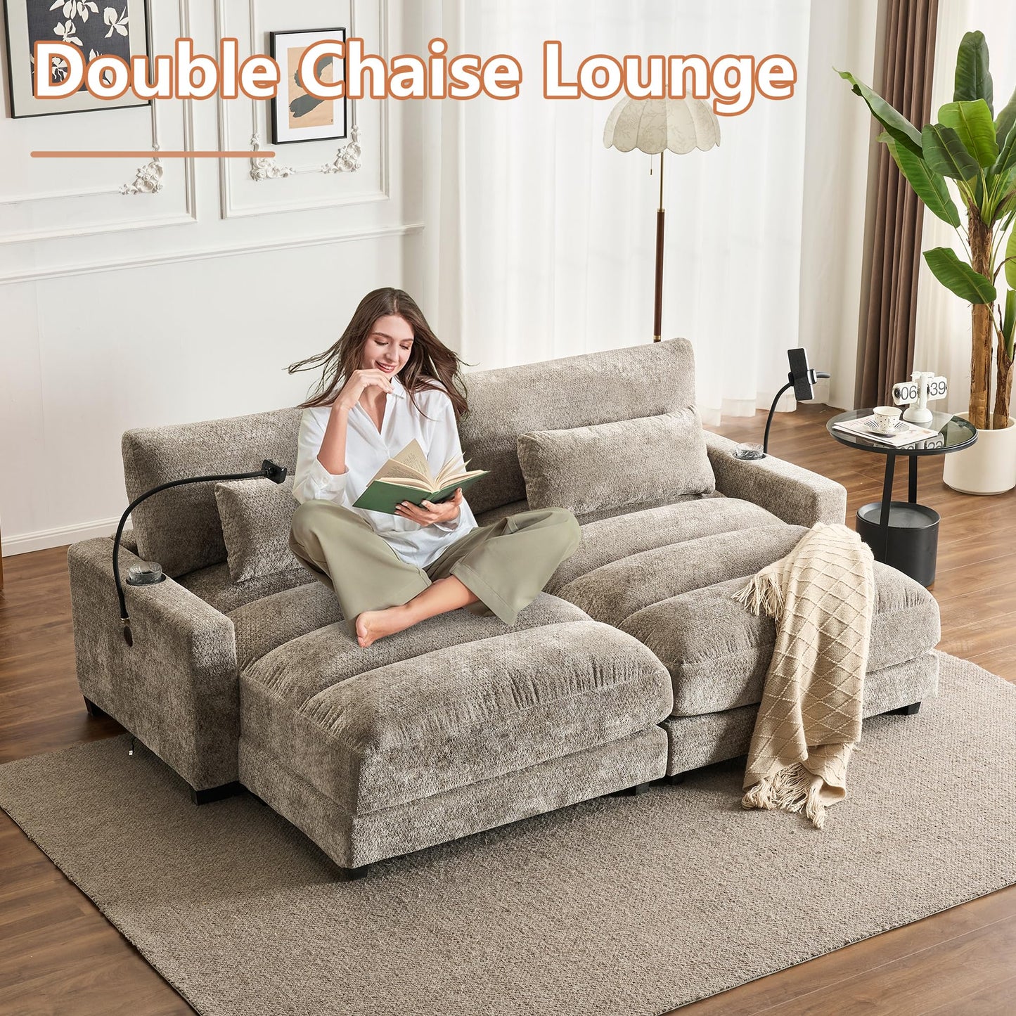 IHDKO Oversized Chaise Lounge Chair Indoor, Comfy Lounge Sleeper Sofa with USB Ports, Cup & Phone Holders, Chenille Cloud Reading Chair Bed for Living Room, Bedroom, Office (Grey)